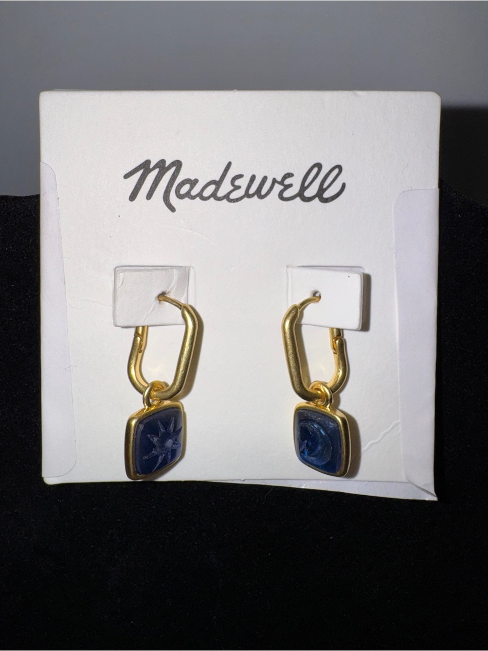 Madewell Gold Hoop Earrings with Dark Blue Stone Drops
